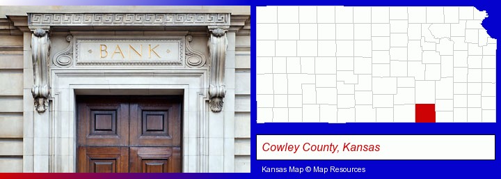 a bank building; Cowley County, Kansas highlighted in red on a map