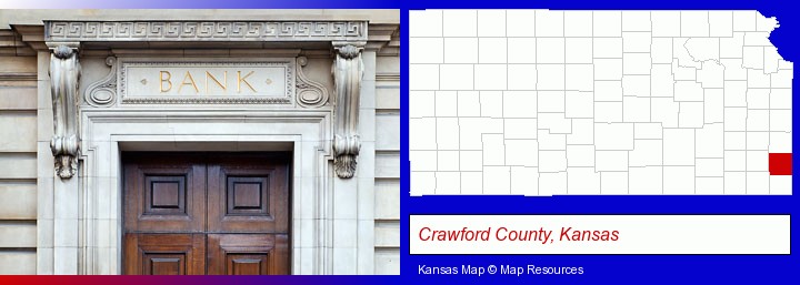 a bank building; Crawford County, Kansas highlighted in red on a map
