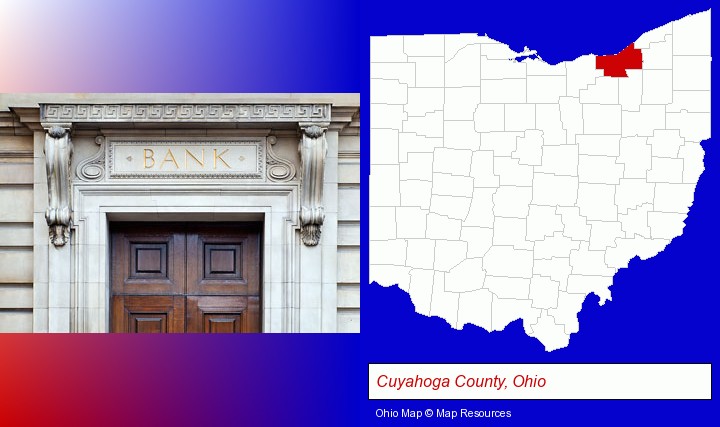 a bank building; Cuyahoga County, Ohio highlighted in red on a map