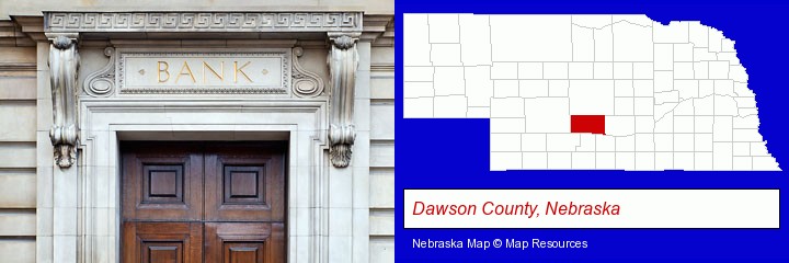 a bank building; Dawson County, Nebraska highlighted in red on a map