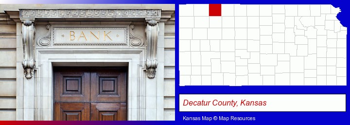 a bank building; Decatur County, Kansas highlighted in red on a map