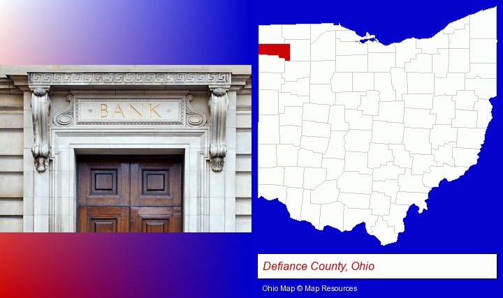 a bank building; Defiance County, Ohio highlighted in red on a map