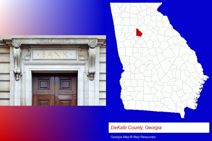 a bank building; DeKalb County, Georgia highlighted in red on a map