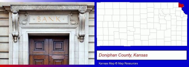 a bank building; Doniphan County, Kansas highlighted in red on a map