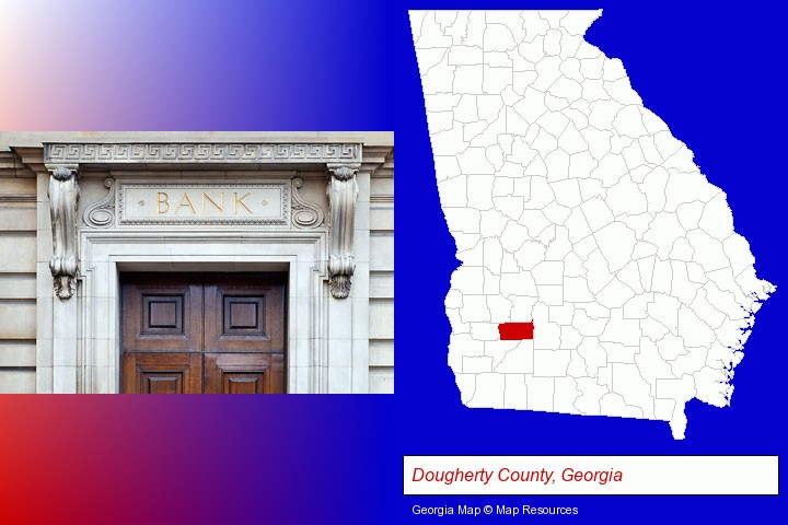 a bank building; Dougherty County, Georgia highlighted in red on a map