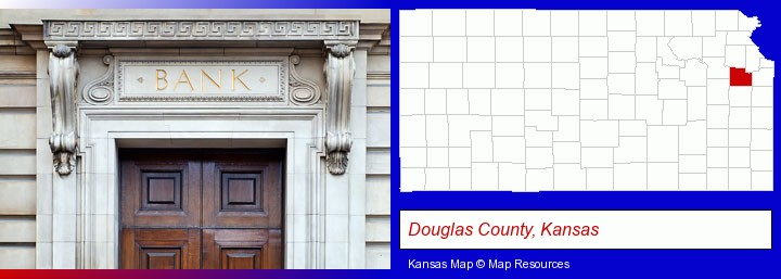 a bank building; Douglas County, Kansas highlighted in red on a map