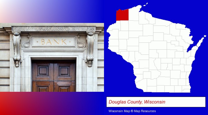 a bank building; Douglas County, Wisconsin highlighted in red on a map