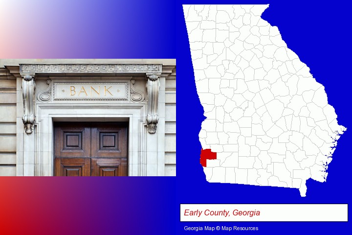 a bank building; Early County, Georgia highlighted in red on a map
