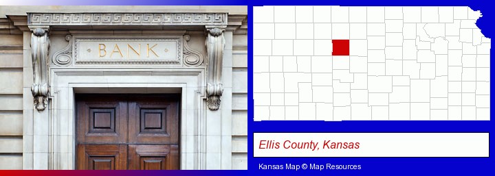 a bank building; Ellis County, Kansas highlighted in red on a map