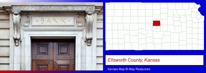 a bank building; Ellsworth County, Kansas highlighted in red on a map