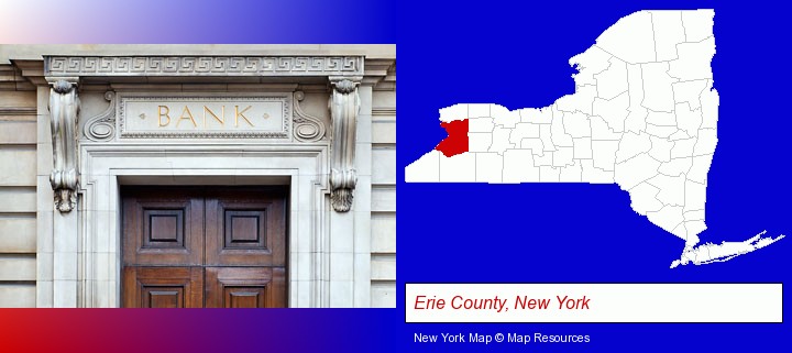 a bank building; Erie County, New York highlighted in red on a map