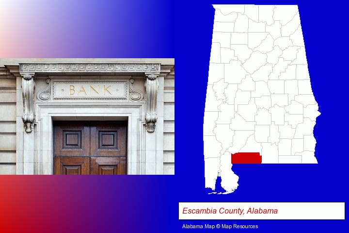 a bank building; Escambia County, Alabama highlighted in red on a map