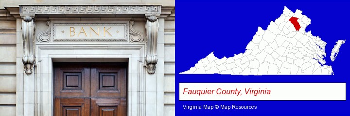 a bank building; Fauquier County, Virginia highlighted in red on a map