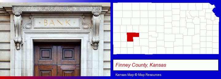 a bank building; Finney County, Kansas highlighted in red on a map