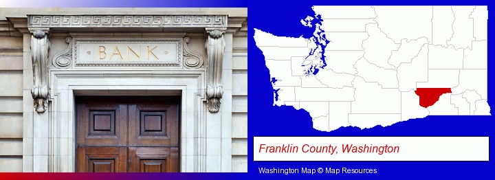 a bank building; Franklin County, Washington highlighted in red on a map