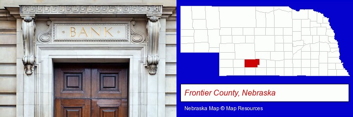 a bank building; Frontier County, Nebraska highlighted in red on a map