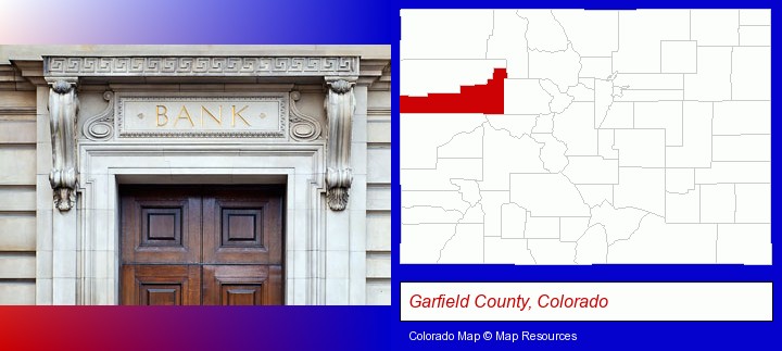 a bank building; Garfield County, Colorado highlighted in red on a map