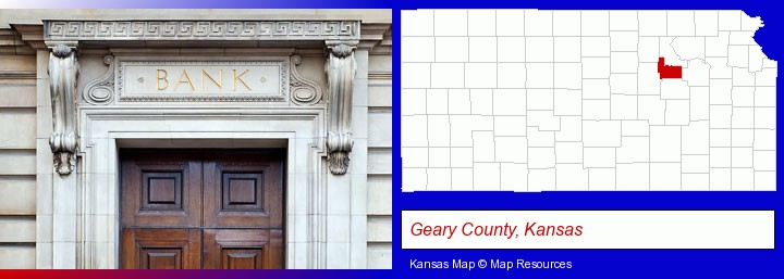 a bank building; Geary County, Kansas highlighted in red on a map