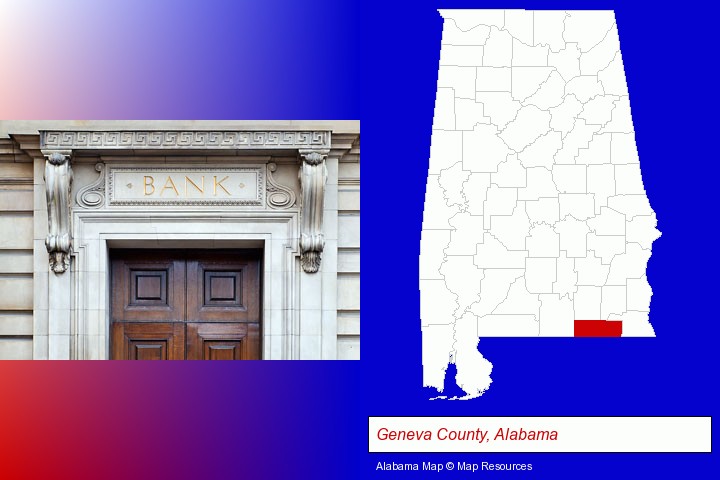 a bank building; Geneva County, Alabama highlighted in red on a map