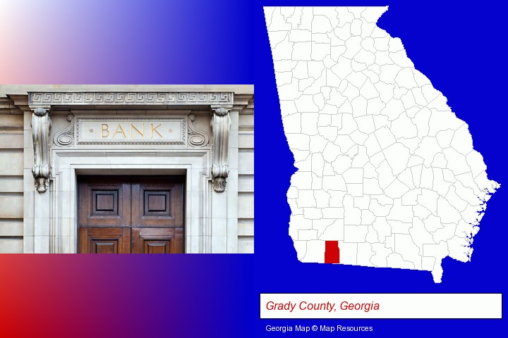 a bank building; Grady County, Georgia highlighted in red on a map