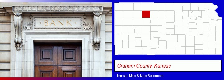 a bank building; Graham County, Kansas highlighted in red on a map