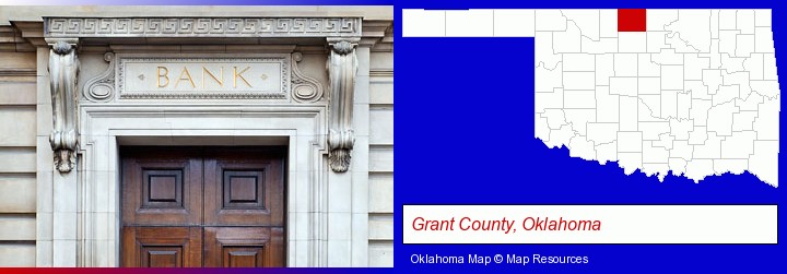 a bank building; Grant County, Oklahoma highlighted in red on a map