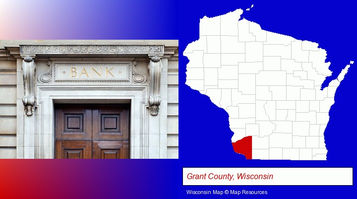 a bank building; Grant County, Wisconsin highlighted in red on a map