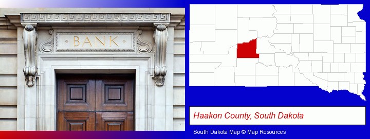 a bank building; Haakon County, South Dakota highlighted in red on a map