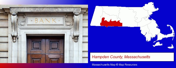 a bank building; Hampden County, Massachusetts highlighted in red on a map