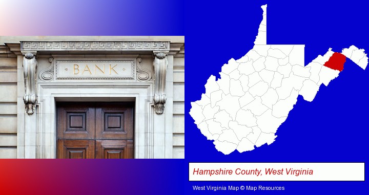 a bank building; Hampshire County, West Virginia highlighted in red on a map