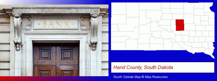 a bank building; Hand County, South Dakota highlighted in red on a map
