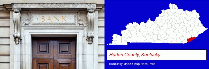 a bank building; Harlan County, Kentucky highlighted in red on a map