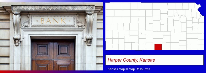 a bank building; Harper County, Kansas highlighted in red on a map