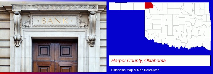 a bank building; Harper County, Oklahoma highlighted in red on a map