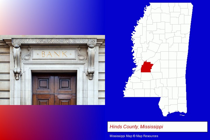 a bank building; Hinds County, Mississippi highlighted in red on a map