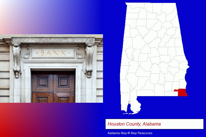 a bank building; Houston County, Alabama highlighted in red on a map