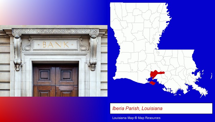 a bank building; Iberia Parish, Louisiana highlighted in red on a map