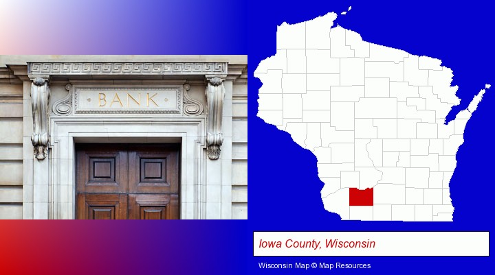 a bank building; Iowa County, Wisconsin highlighted in red on a map