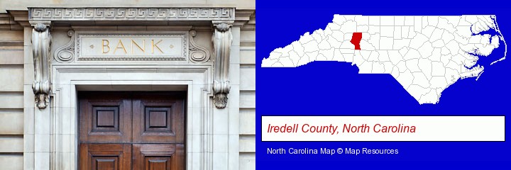 a bank building; Iredell County, North Carolina highlighted in red on a map
