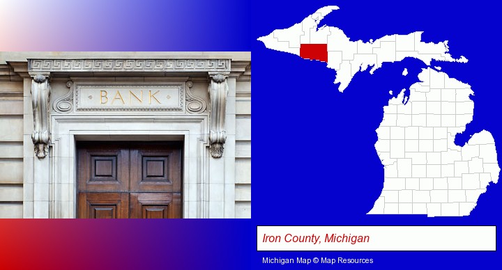 a bank building; Iron County, Michigan highlighted in red on a map