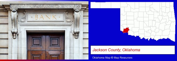 a bank building; Jackson County, Oklahoma highlighted in red on a map