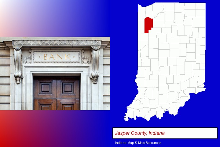 a bank building; Jasper County, Indiana highlighted in red on a map