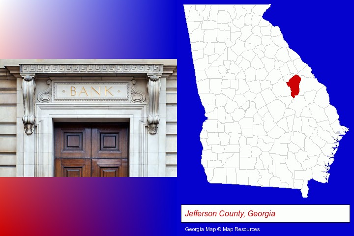 a bank building; Jefferson County, Georgia highlighted in red on a map