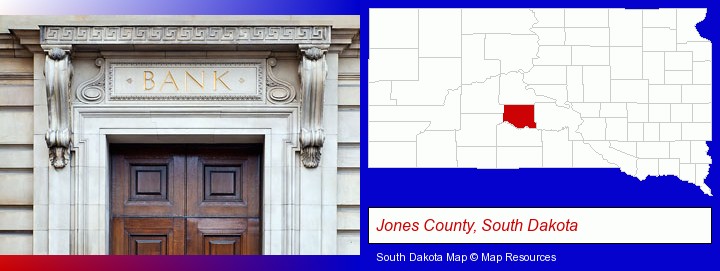 a bank building; Jones County, South Dakota highlighted in red on a map