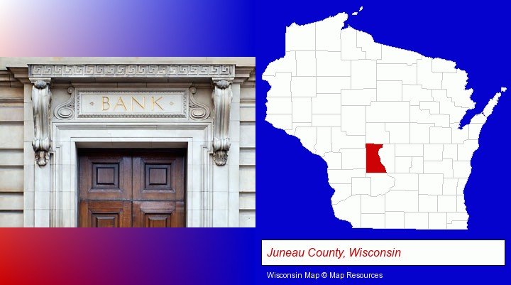 a bank building; Juneau County, Wisconsin highlighted in red on a map