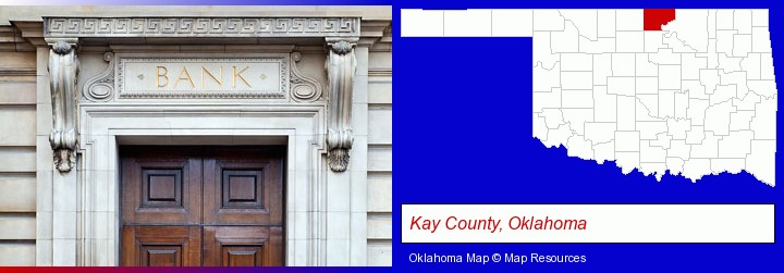 a bank building; Kay County, Oklahoma highlighted in red on a map