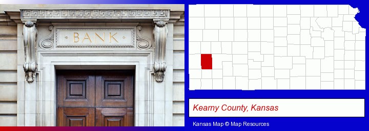 a bank building; Kearny County, Kansas highlighted in red on a map