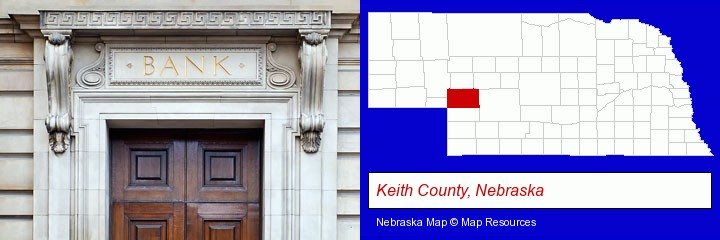 a bank building; Keith County, Nebraska highlighted in red on a map
