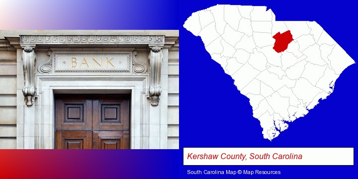 a bank building; Kershaw County, South Carolina highlighted in red on a map