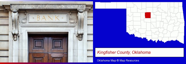 a bank building; Kingfisher County, Oklahoma highlighted in red on a map